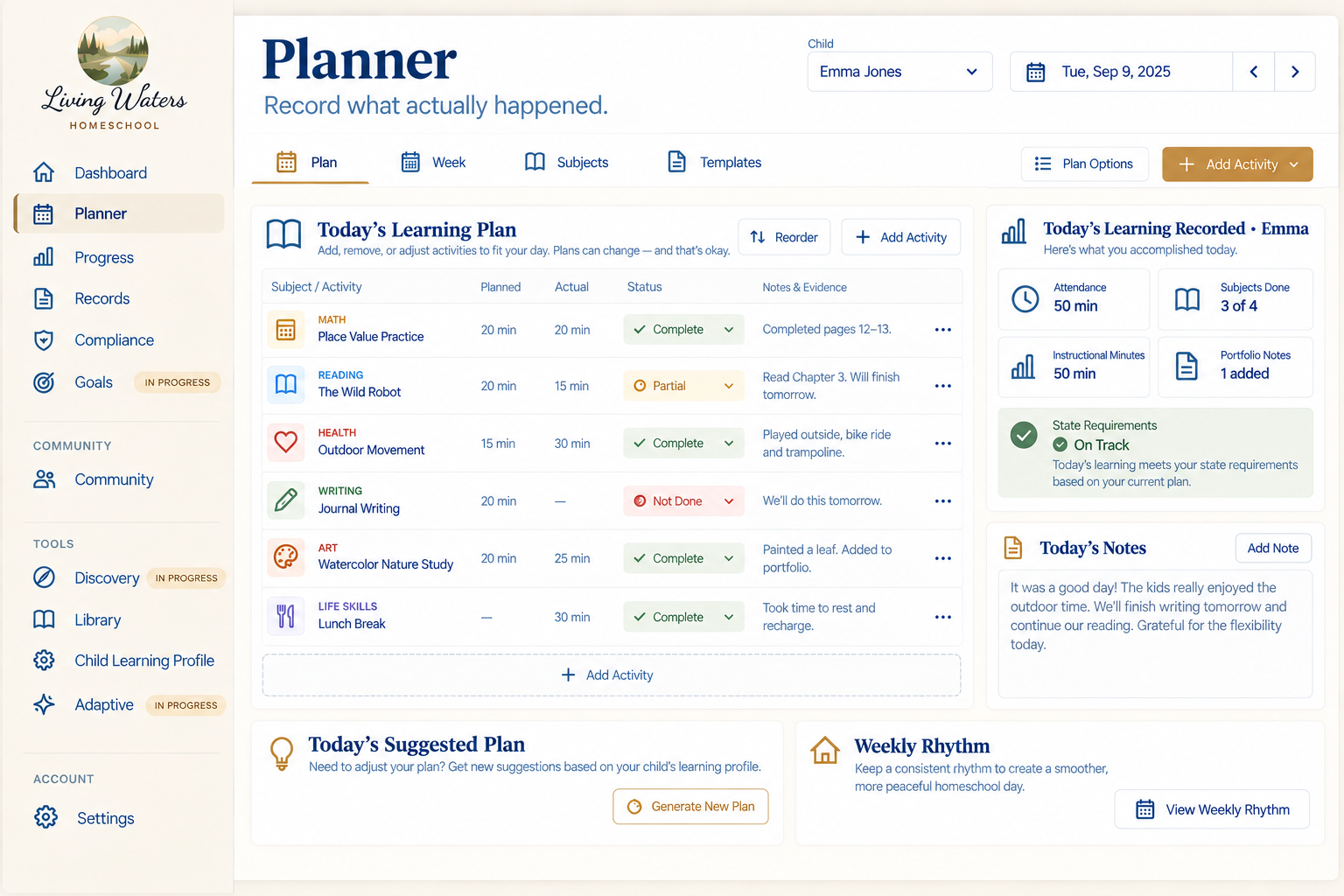 Living Waters Planner showing a populated day with completed and partial activities and actual minutes