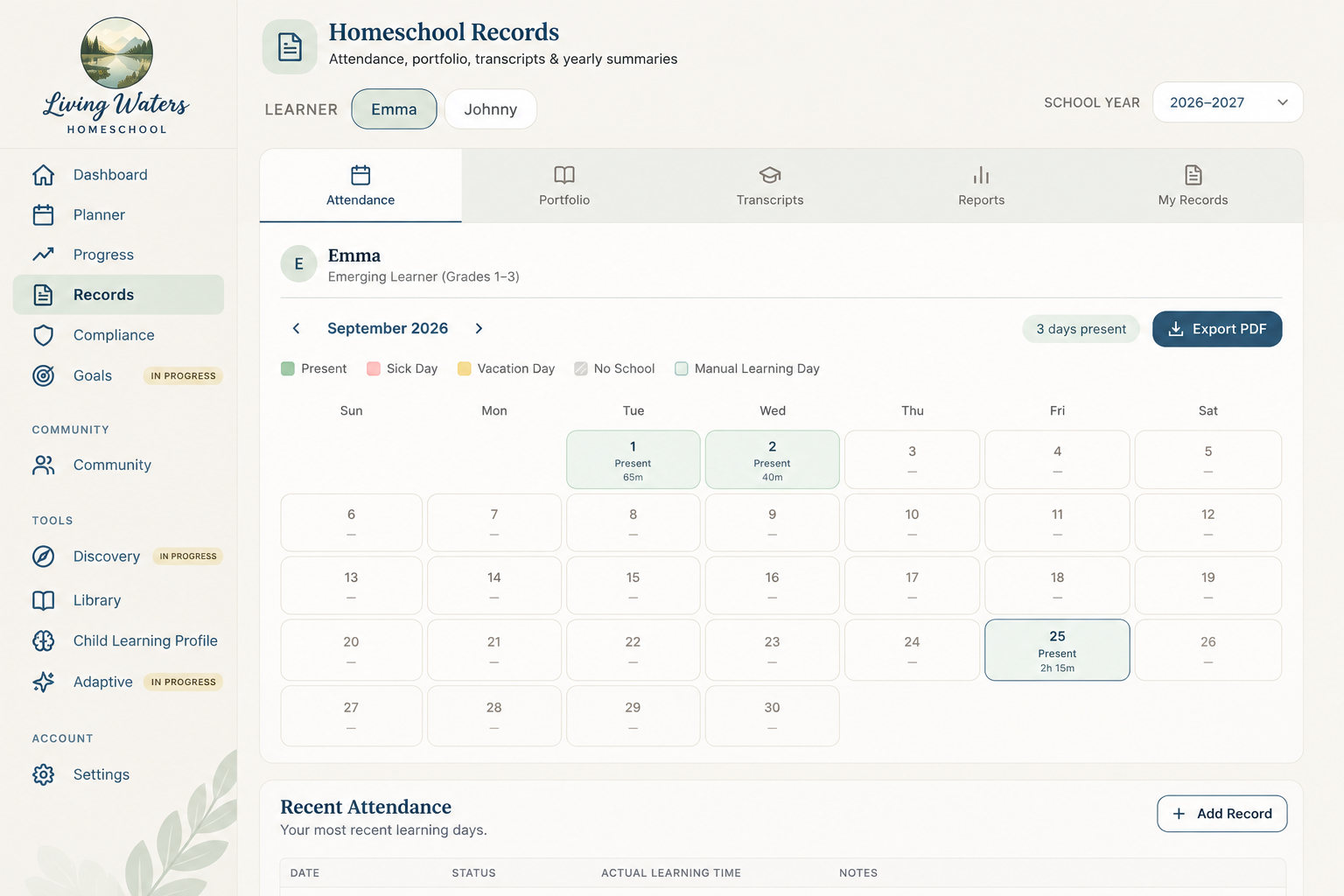 Living Waters Attendance tracking showing recorded learning days