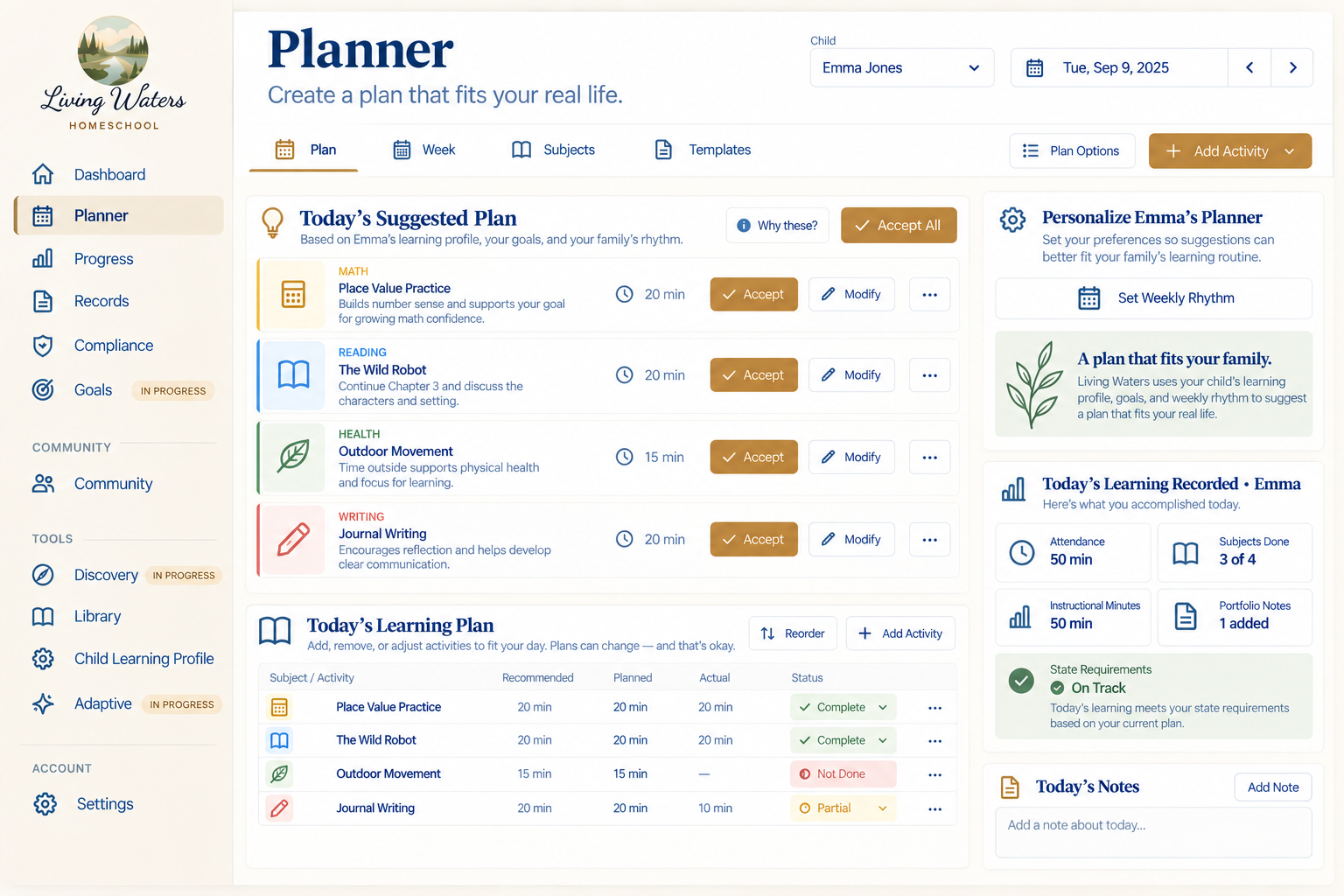 Living Waters Planner showing today's suggested plan with subject recommendations and accept buttons