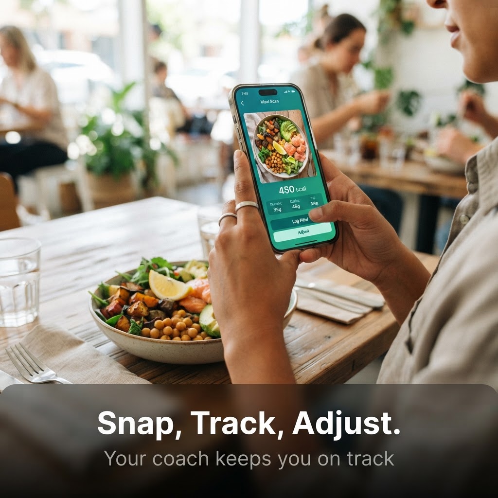 A person taking a photo of a healthy meal with their phone, with the meal scan result showing calories and macros in the Nutrify app