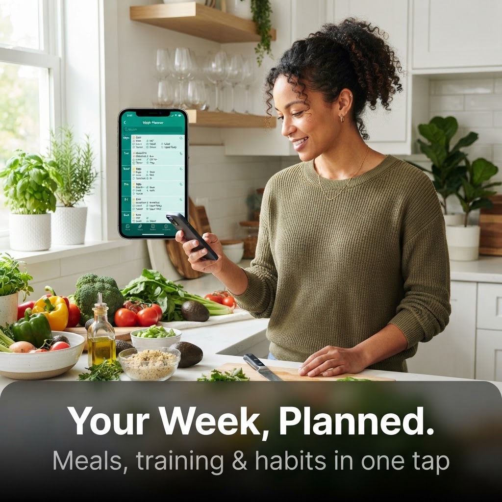 A person at a kitchen counter with fresh ingredients, viewing a 7-day week plan on their phone in the Nutrify app