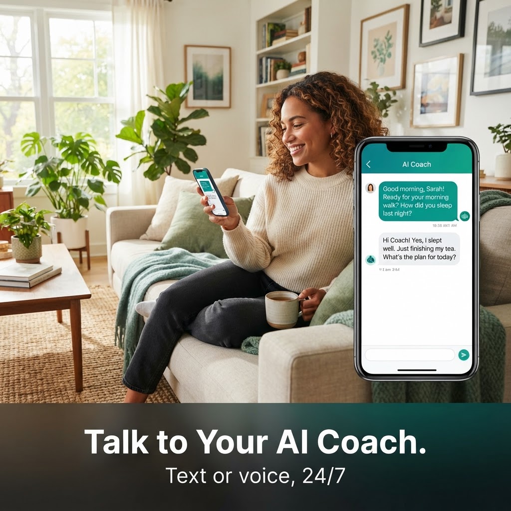 A person relaxing on a sofa at home, chatting with the Nutrify AI Coach on their phone