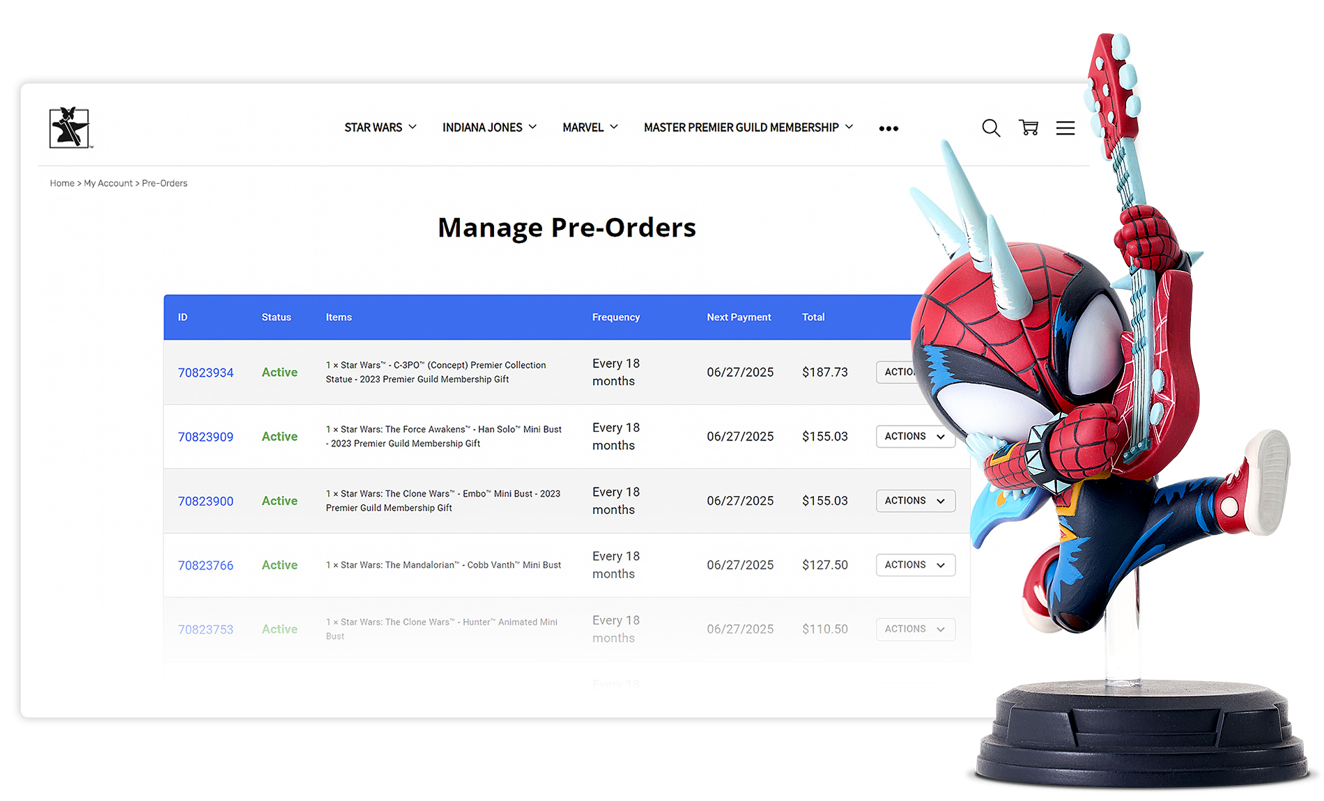 Gentle Giant, Ltd. 'Manage Pre-Orders' account page beside a Spider-Punk convention exclusive figure