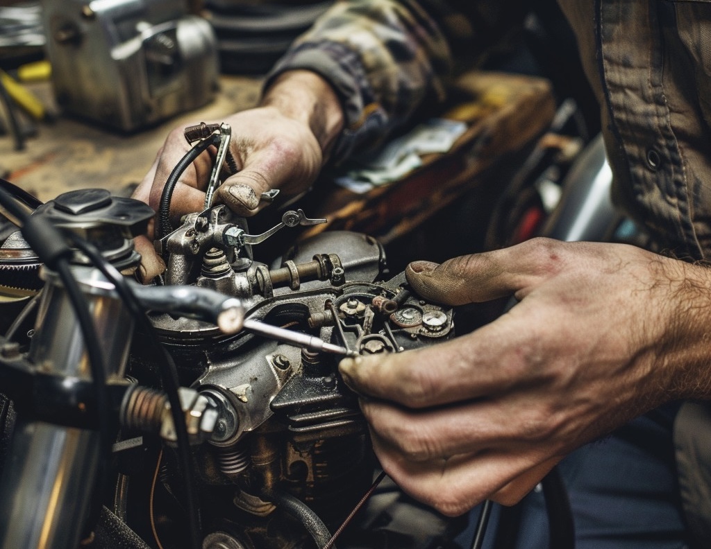 Motorcycle mechanic turning wrenches on an engine