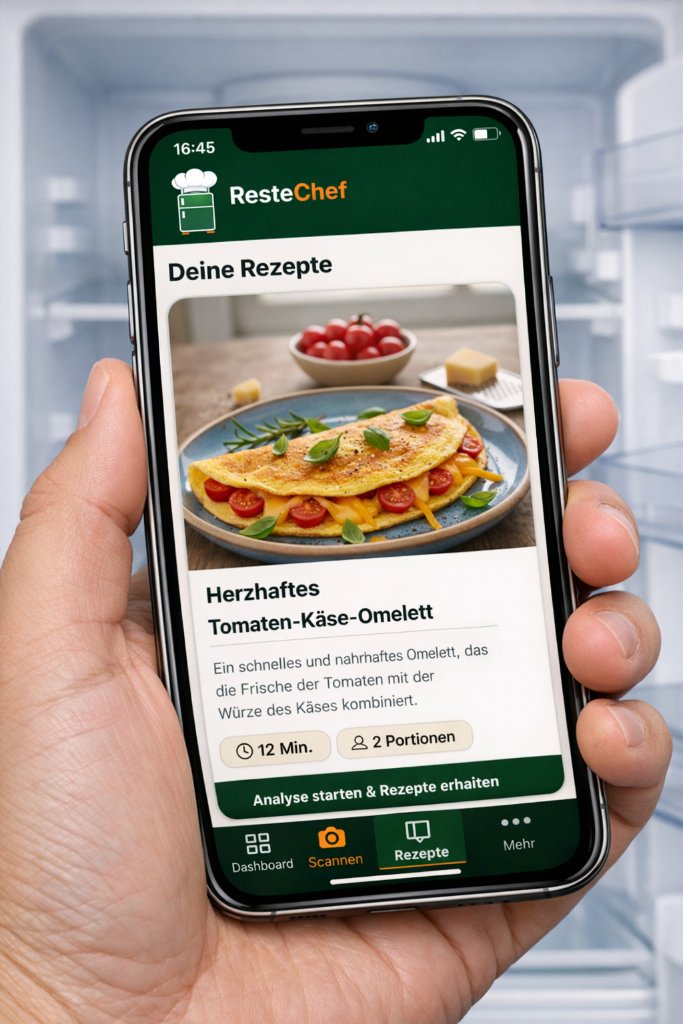 Tomaten-Käse-Omelett Rezept auf Smartphone – ResteChef generiert sofort passende Rezepte aus Kühlschrankresten