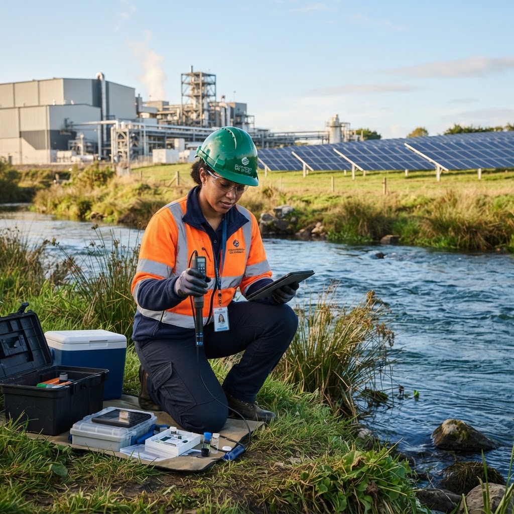 Environmental officer monitoring water quality near an industrial site