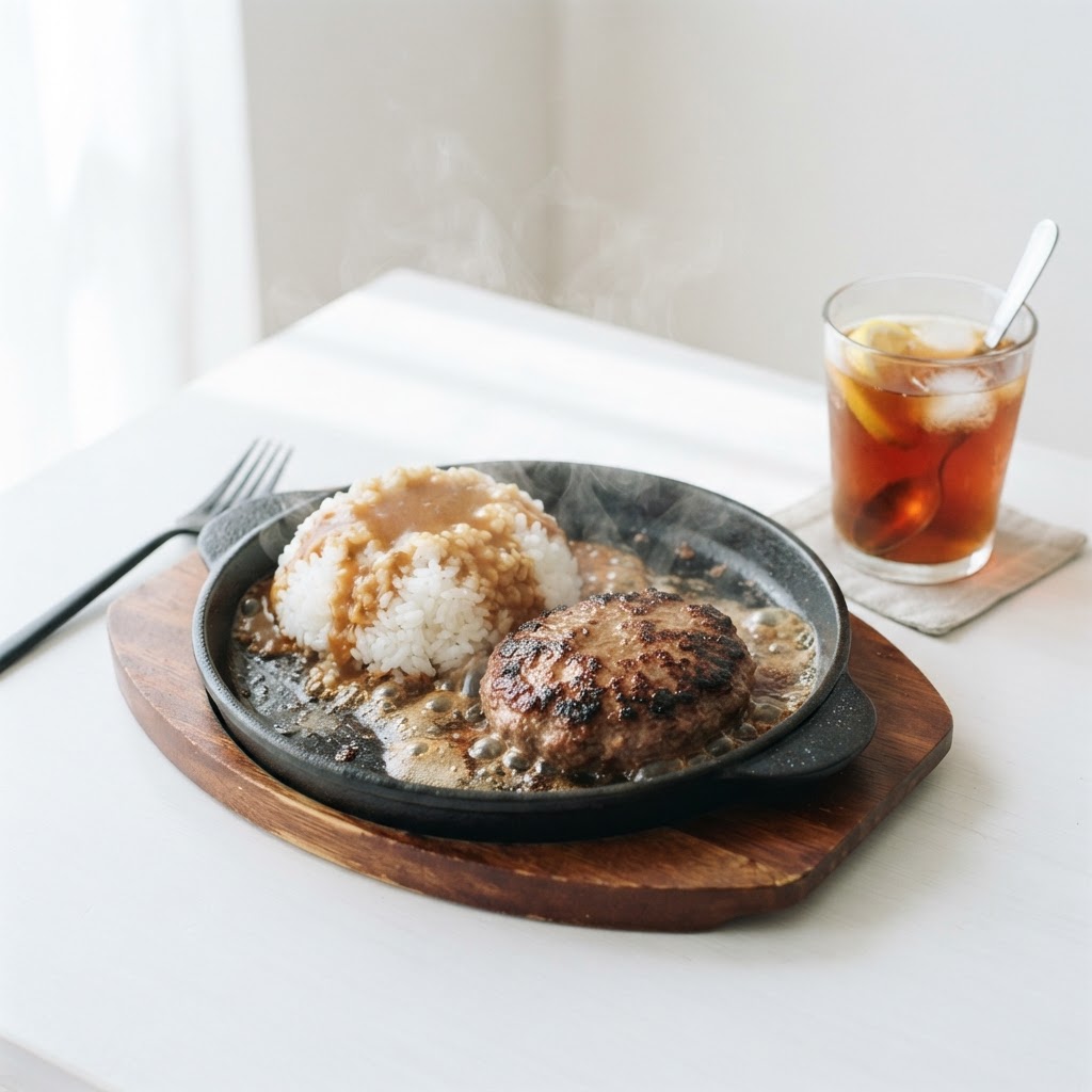 Sizzling Burger Stake with rice & Ice Tea