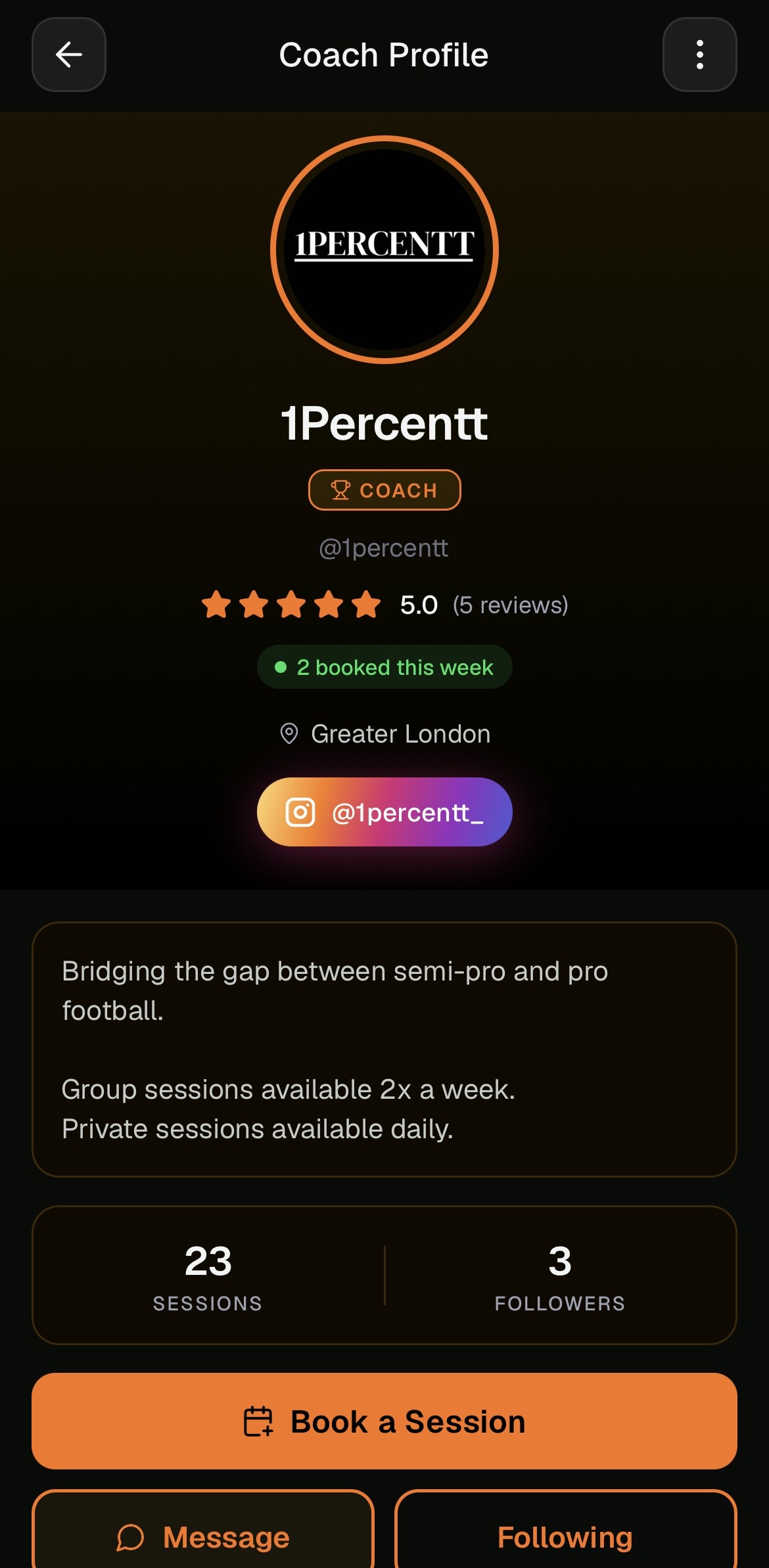 Coach profile showing ratings, reviews and credentials