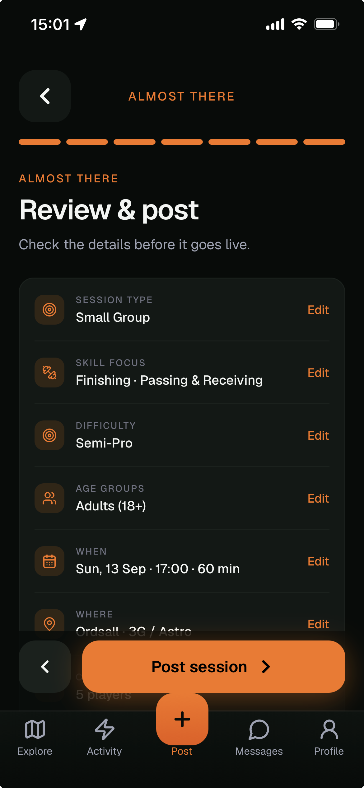 App screen: session creation
