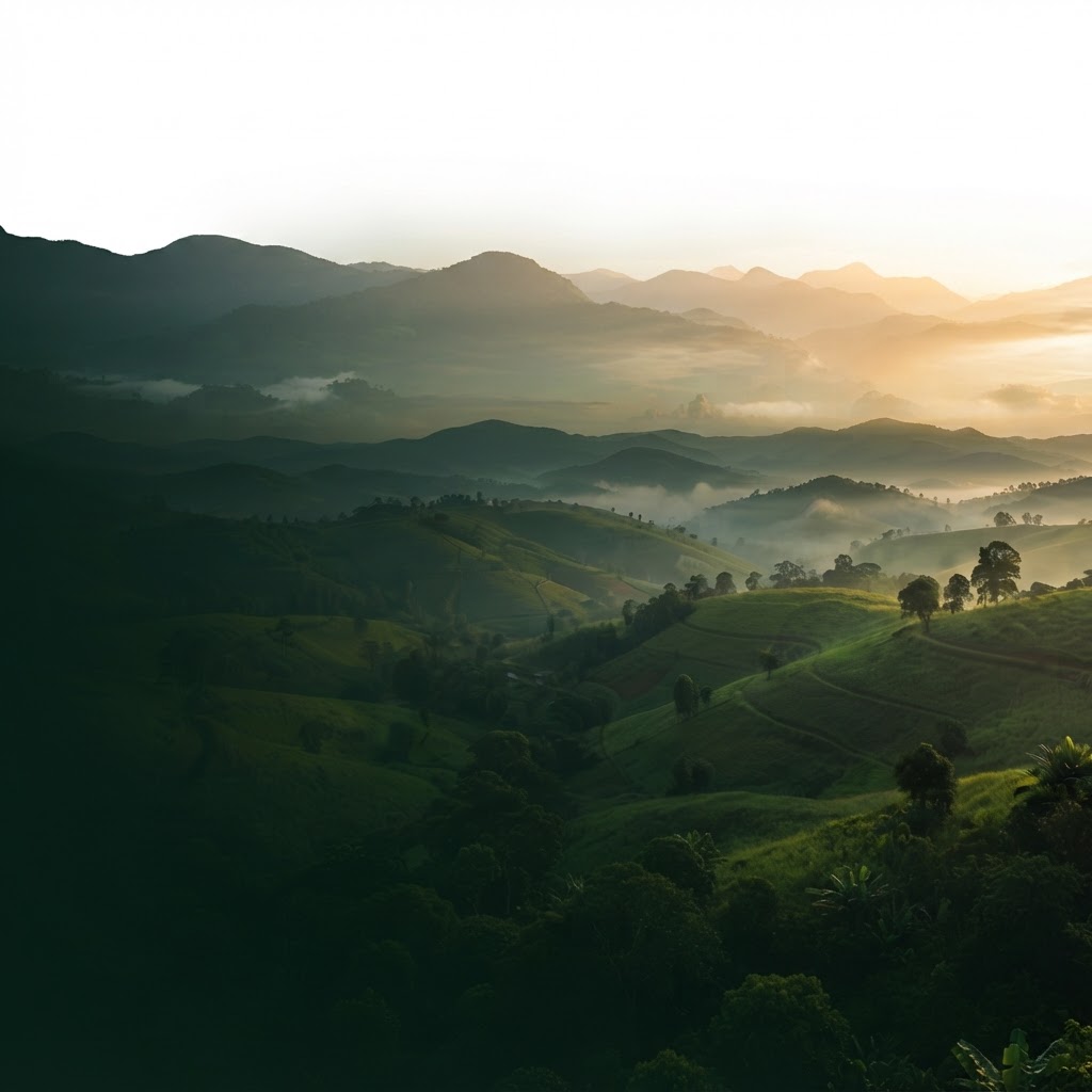 Misty green highlands of Cameroon at sunrise