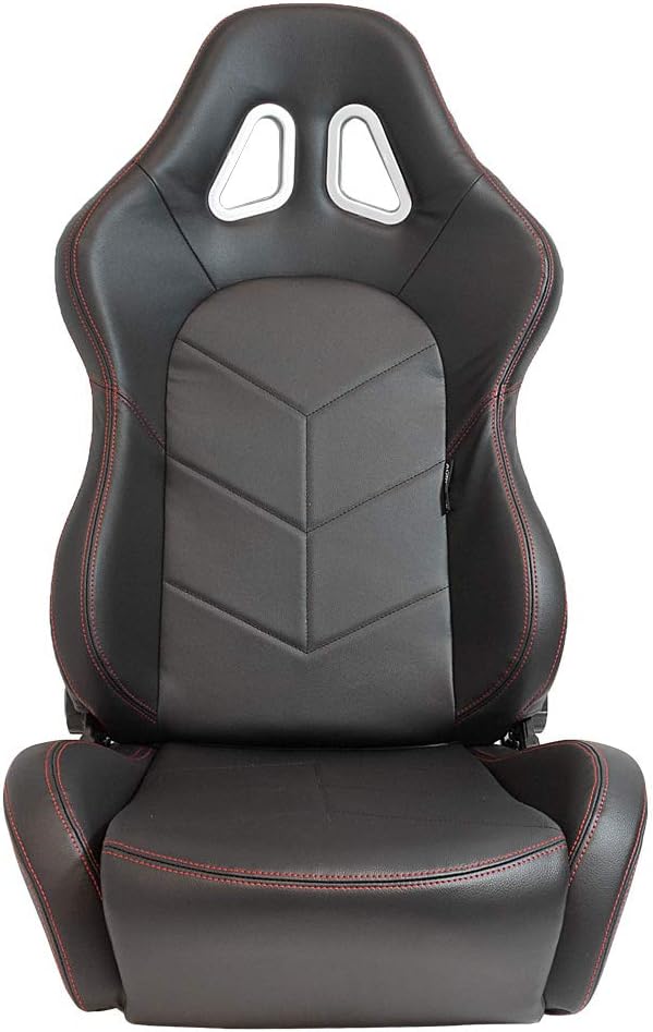 AutoStyle Sport Seat — Black PU Leather with Red Stitching & Recline