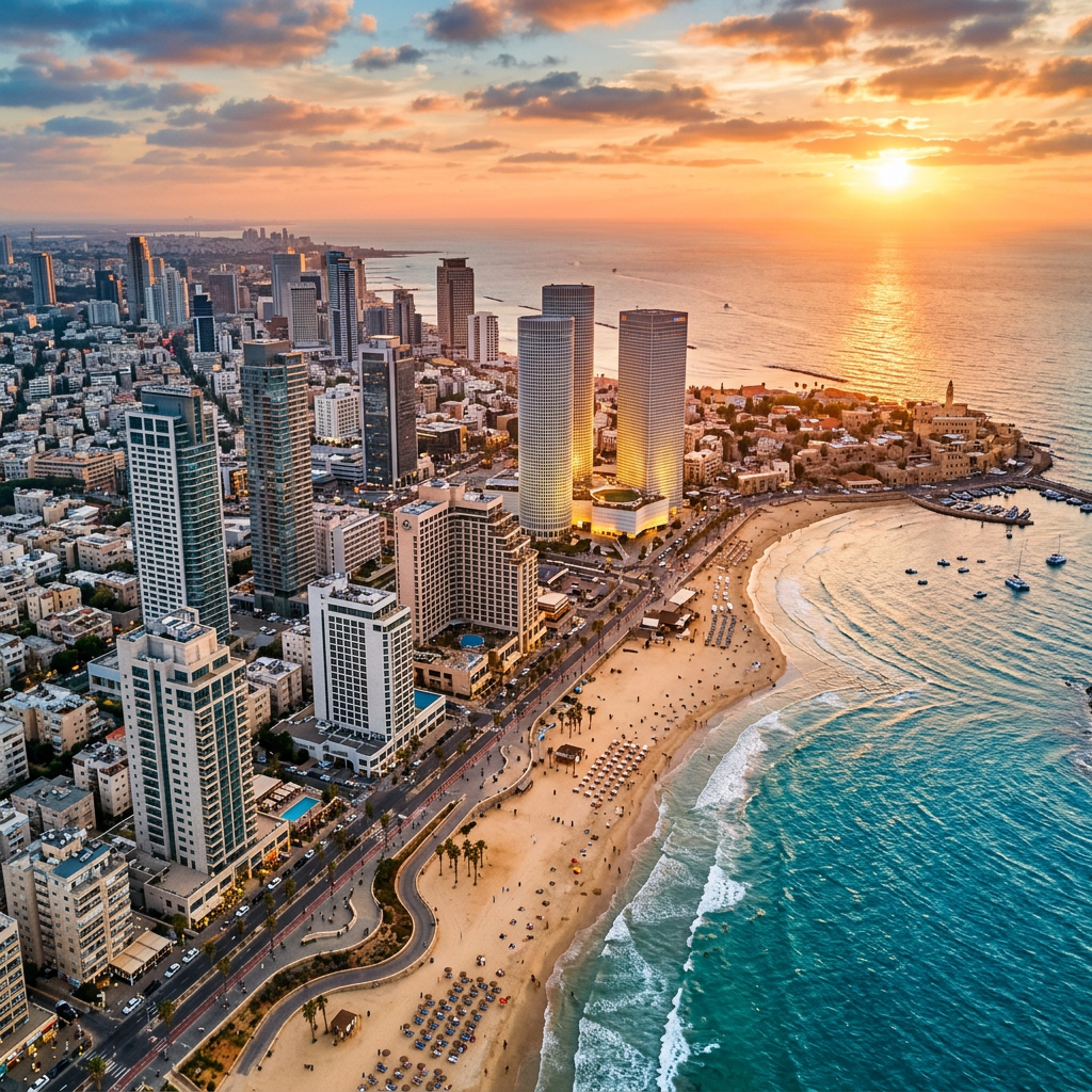 Tel Aviv skyline et la mer Méditerranée