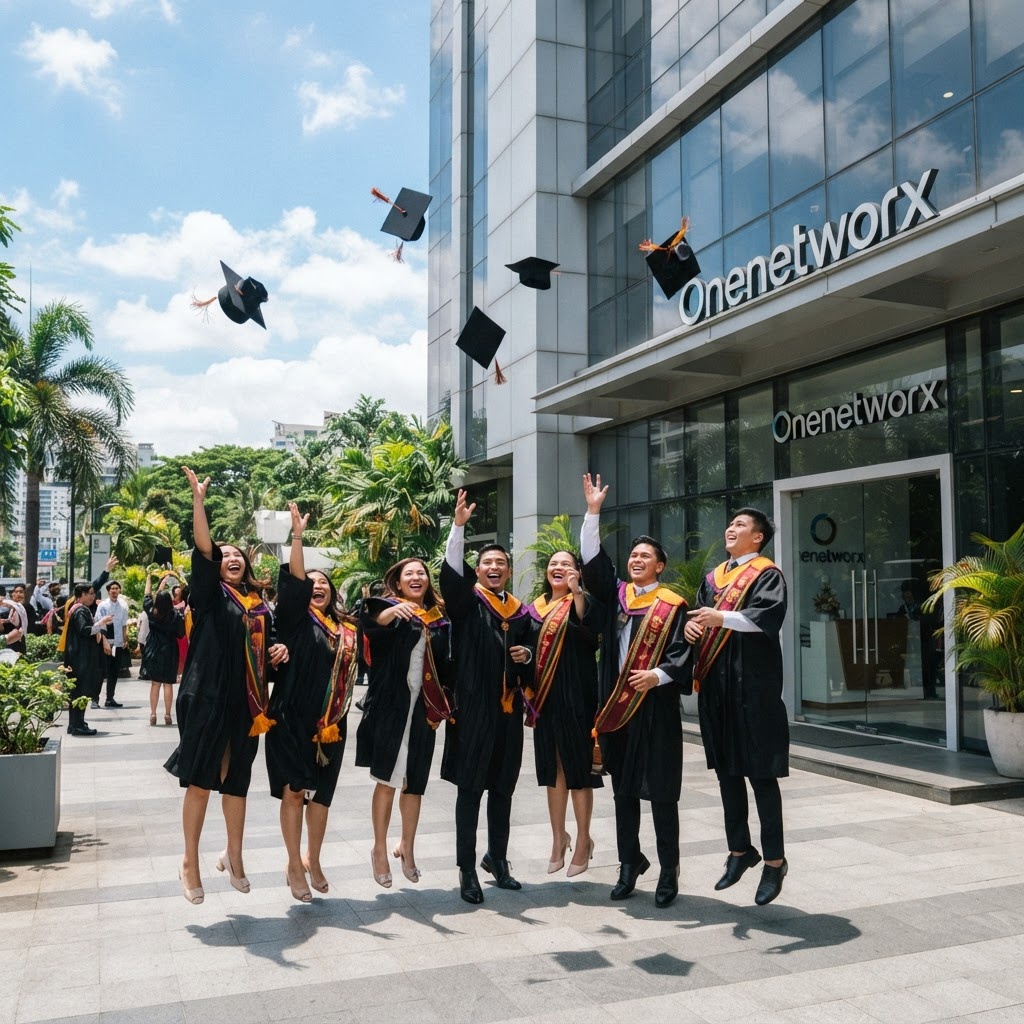 Filipino graduates celebrating at Onenetworx