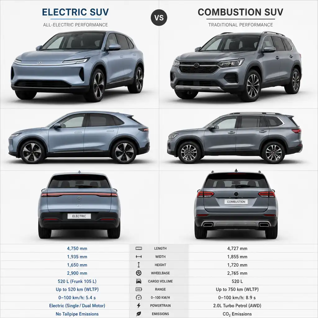 Comparaison visuelle entre un SUV électrique et un véhicule thermique traditionnel