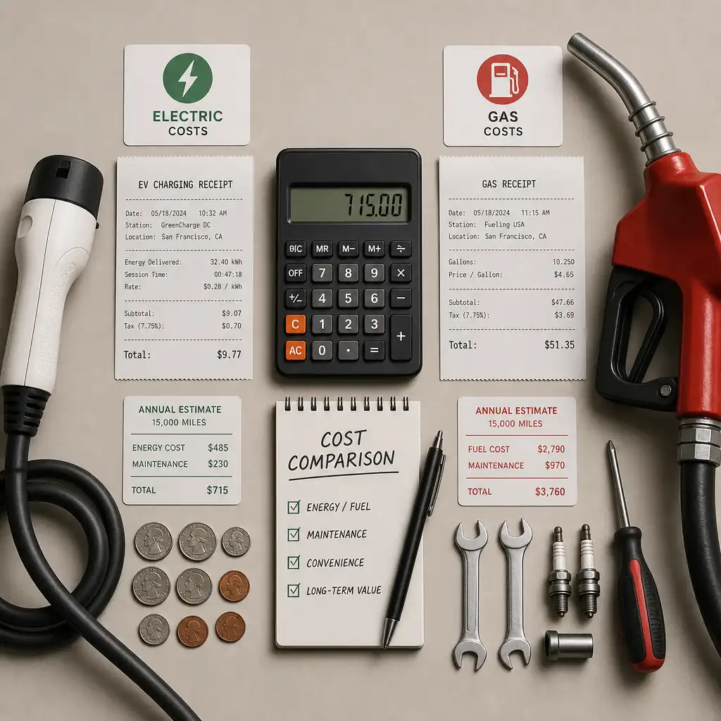 Annual cost comparison between electric and petrol car: charging receipts vs fuel receipts, tools, maintenance costs