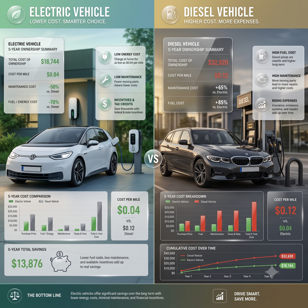 Comparación del coste total de propiedad a 5 años entre un coche eléctrico y un diésel