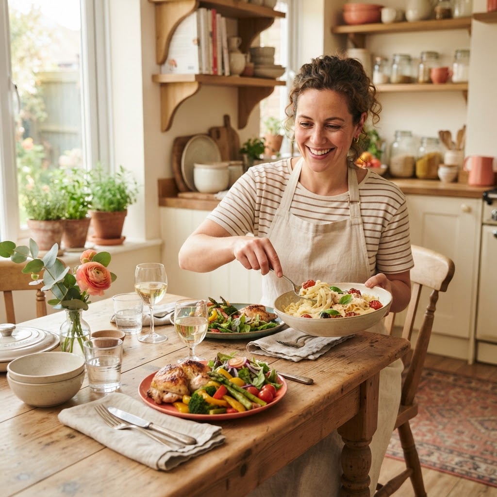 Home cook serving freshly prepared dishes in a welcoming kitchen.