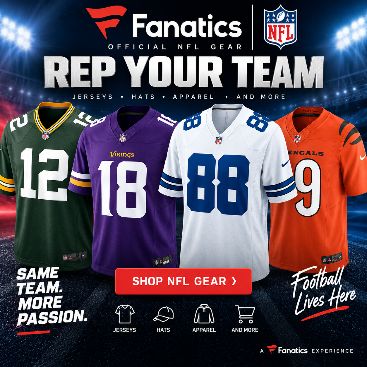 Fanatics official NFL gear — jerseys, hats, apparel, and more