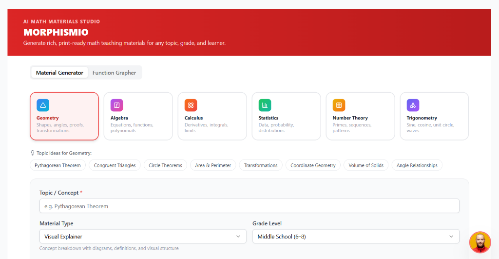 Morphismio Dashboard β 6 math disciplines, topic chips & material selector