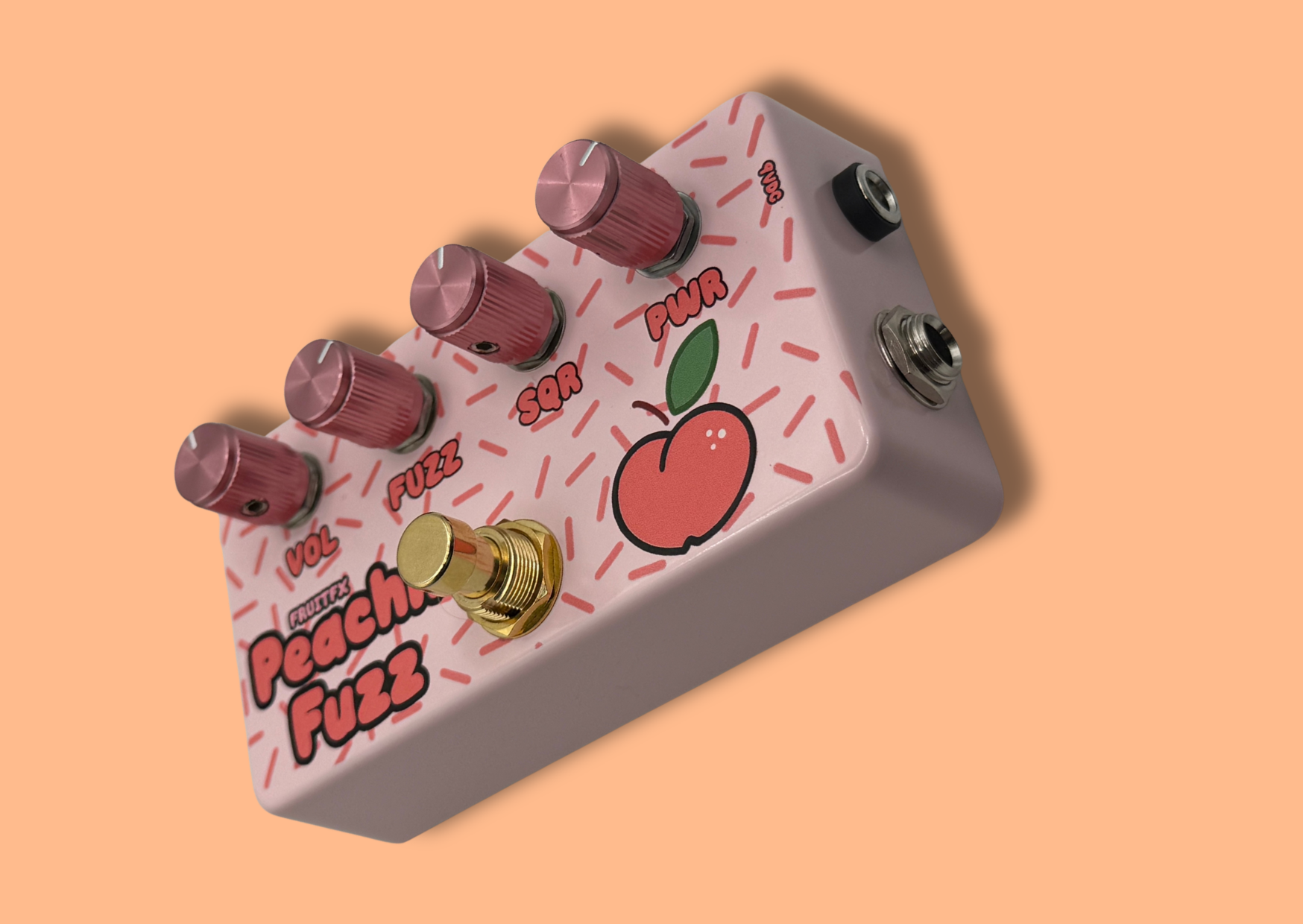 Peachii Fuzz pedal, angled front view