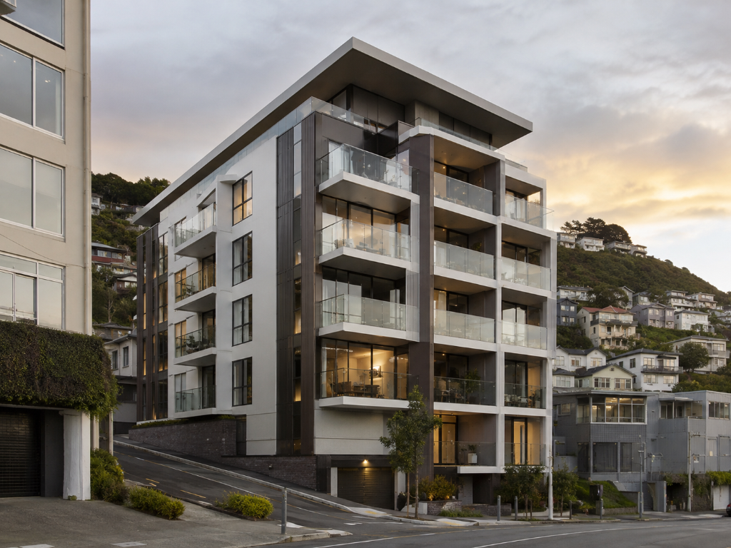 Modern apartment building on a Wellington hillside