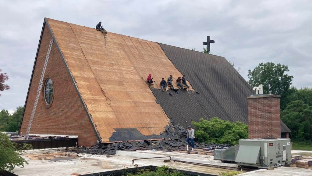 Commercial church roofing project, front elevation, in Sparta, MI