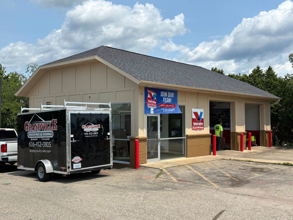 Completed commercial roof replacement on a service building in Rockford, MI