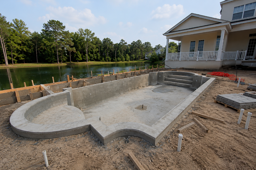 Reinforced concrete foundation walls and plumbing stubs for addition with excavation and grading