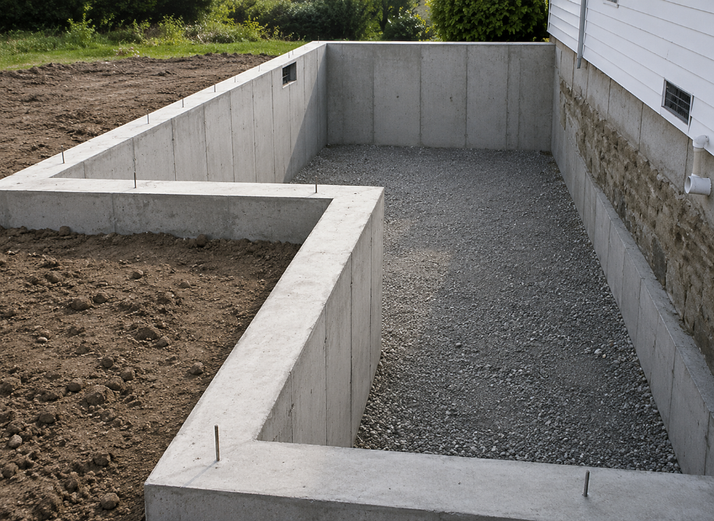L-shaped concrete foundation wall tied into existing white house with gravel base and excavation