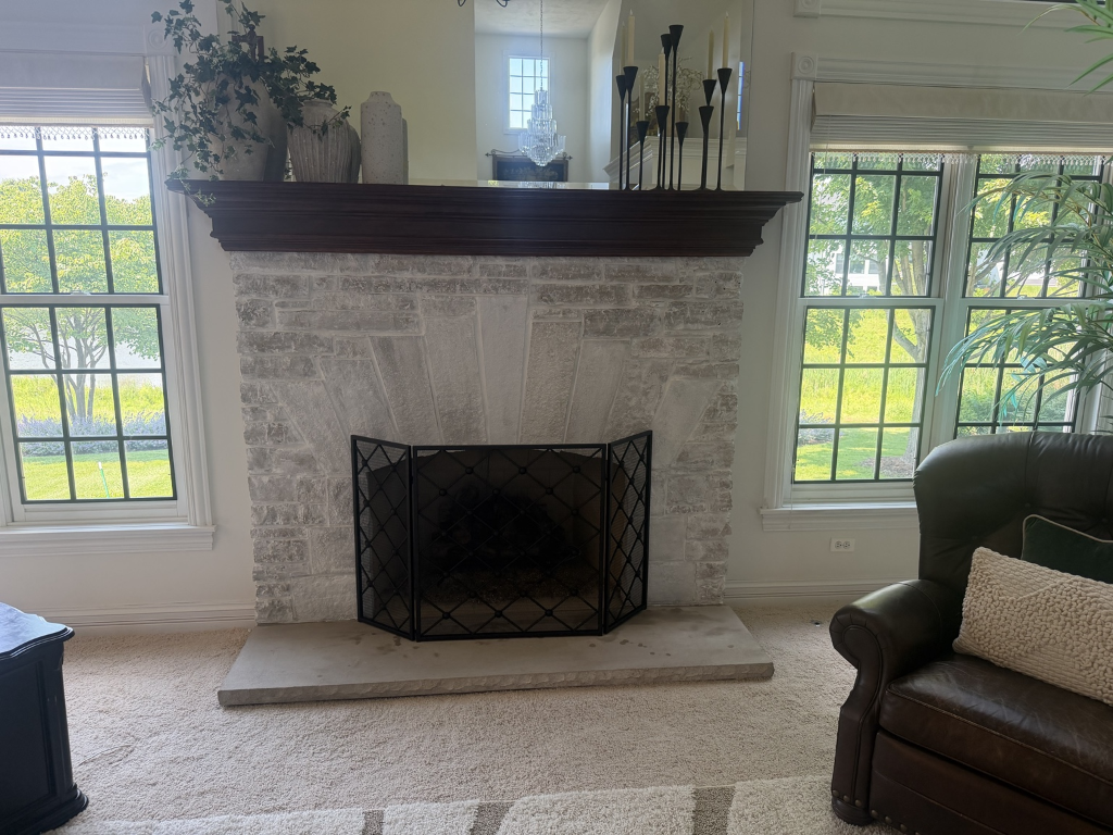 Finished fireplace limewash example in Chicagoland home