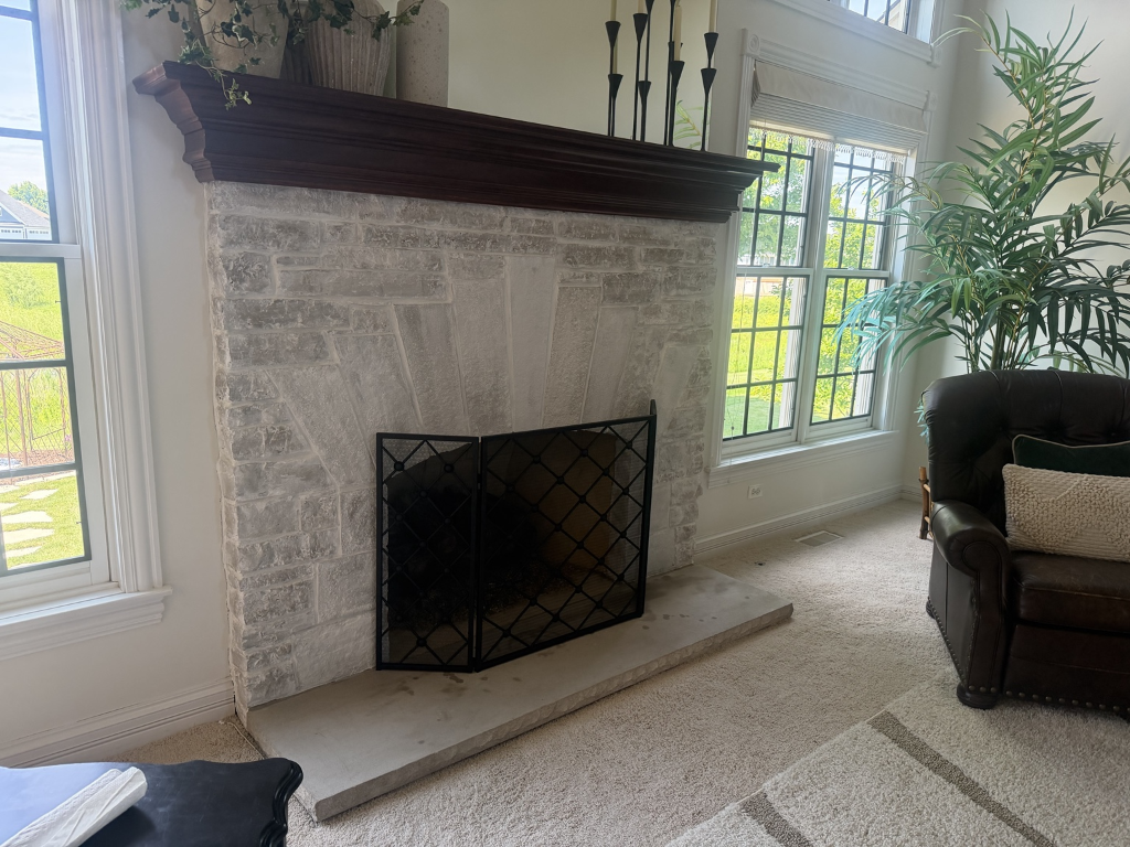 Finished limewashed fireplace with soft white finish