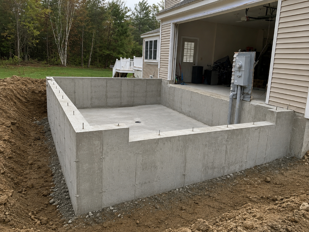 Concrete foundation walls for residential addition with anchor bolts, slab, and drain tied into existing home