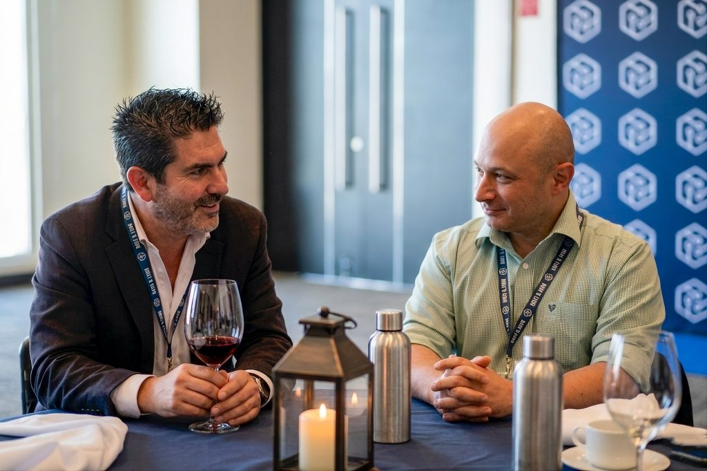 Dos empresarios conversan con una copa de vino durante Meet & Wine