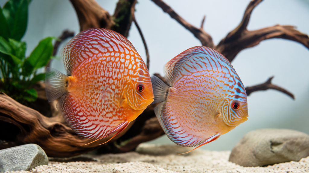 A pair of adult discus with round bodies and intact fins swimming together beside driftwood on fine sand — selecting the discus breeding pair