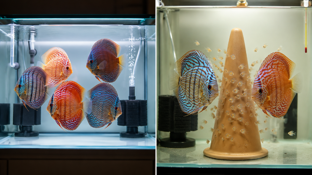 Two side-by-side tanks — on the left a group of adult discus bought ready-formed, on the right a discus pair with the swarm of fry stuck to the spawning cone — Stendker vs your own discus breeding comparison