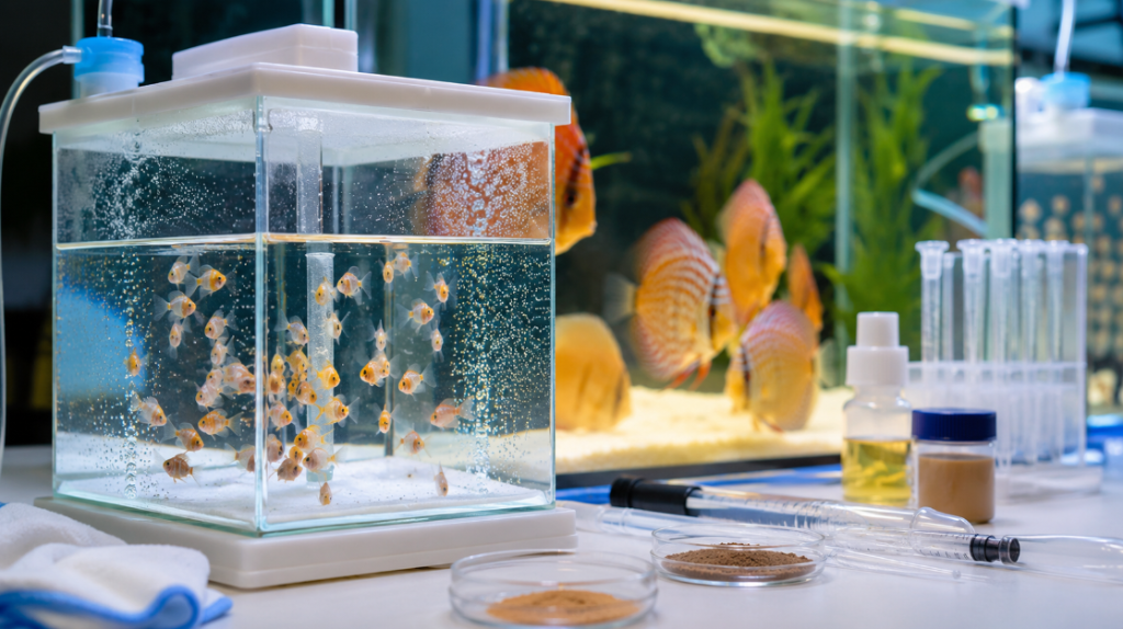 An improvised glass incubator with discus fry and fine-bubble aeration, next to the adult discus tank and feeding equipment (syringe, test tubes, powdered food) — artificial discus fry raising