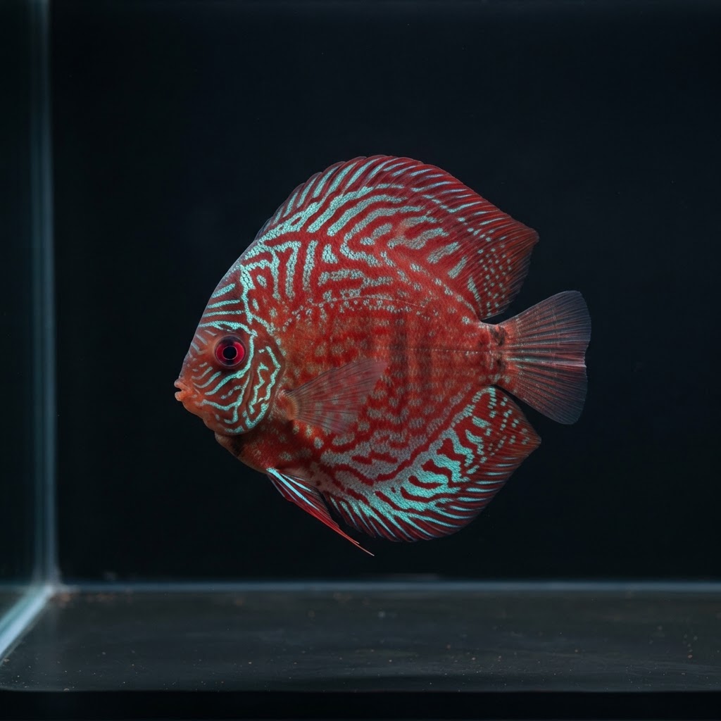 Discus Red Turquoise de calitate de expoziție, rotund, cu ochi mic, fotografiat din profil