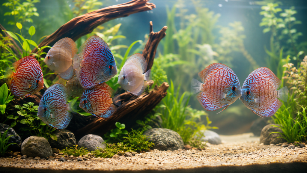 A group of juvenile discus near driftwood and plants, with one isolated pair facing each other on the right — the natural formation of discus pairs