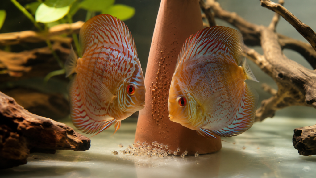 A discus pair beside a ceramic cone with eggs, a few detached eggs fallen to the bottom of a planted tank with driftwood — discus parents eating the eggs and fry