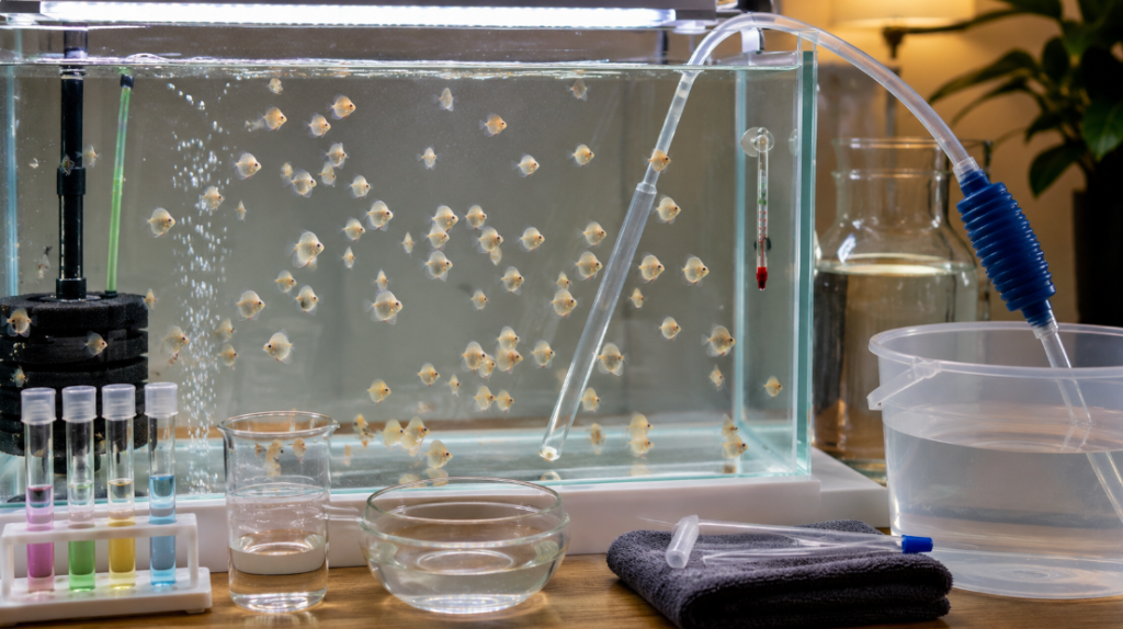 A bare-bottom grow-out tank with dozens of discus fry, a sponge filter and a thermometer, next to a set of colored water tests, a thin siphon with a bucket and a container of prepared water — discus fry water quality