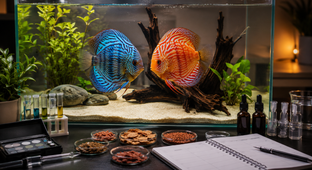 A blue and red discus pair in an aquarium beside water tests, supplement droppers, bowls of protein food and a planning notebook — conditioning a discus breeding pair