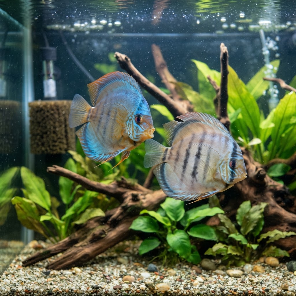 Two discus fighting in an aquarium, one with stress bars and a torn fin