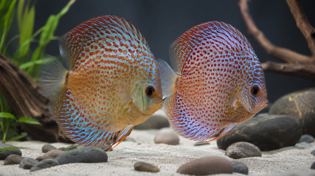 Two adult discus side by side, comparing head shape and fins on fine sand near stones — sexing discus male vs female