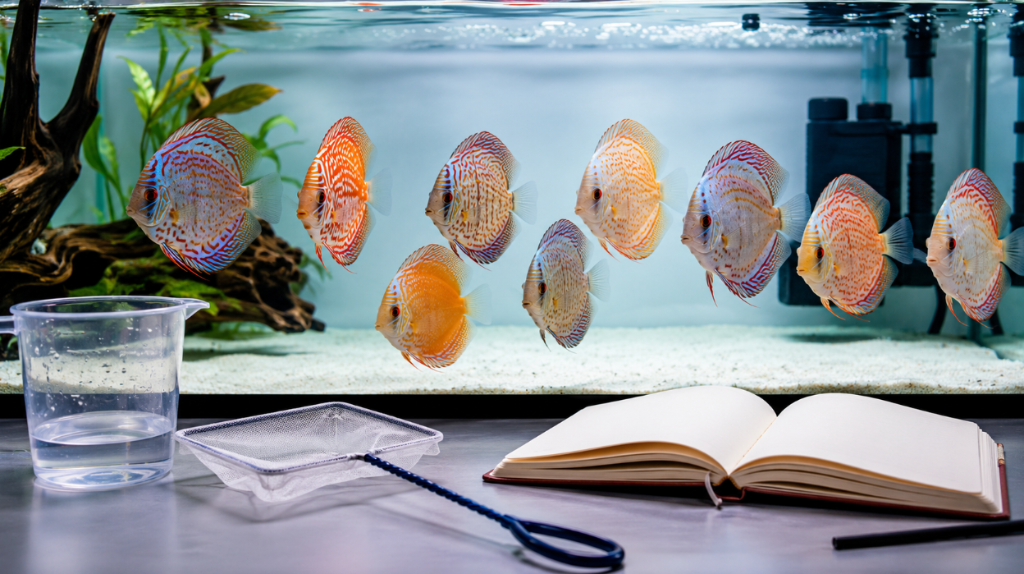 A group of juvenile discus with different shapes, colors and sizes lined up in a grow-out tank, next to a fine net, a container of water and an open notebook — sorting and genetic selection of discus fry