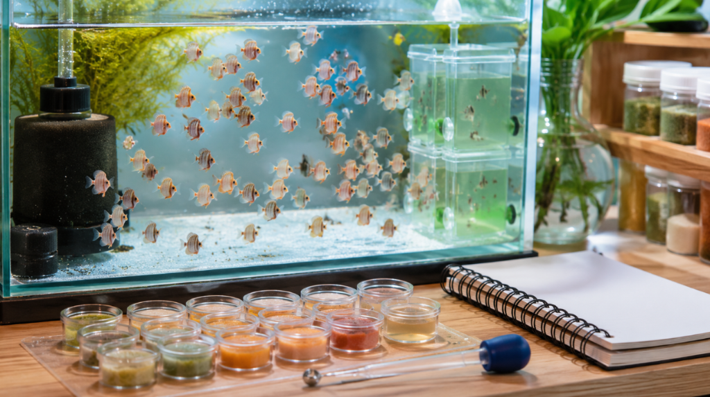 A grow-out tank with dozens of discus fry, a sponge filter and a food incubator, next to a set of cups with food types (brine shrimp, pellets, powders) and a feeding-schedule notebook — daily discus fry feeding