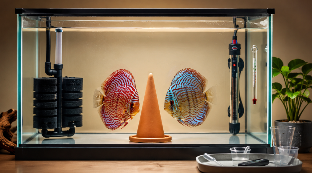 A bare-bottom breeding tank with a discus pair facing each other beside a ceramic spawning cone, a sponge filter, a heater and a thermometer — discus breeding tank setup