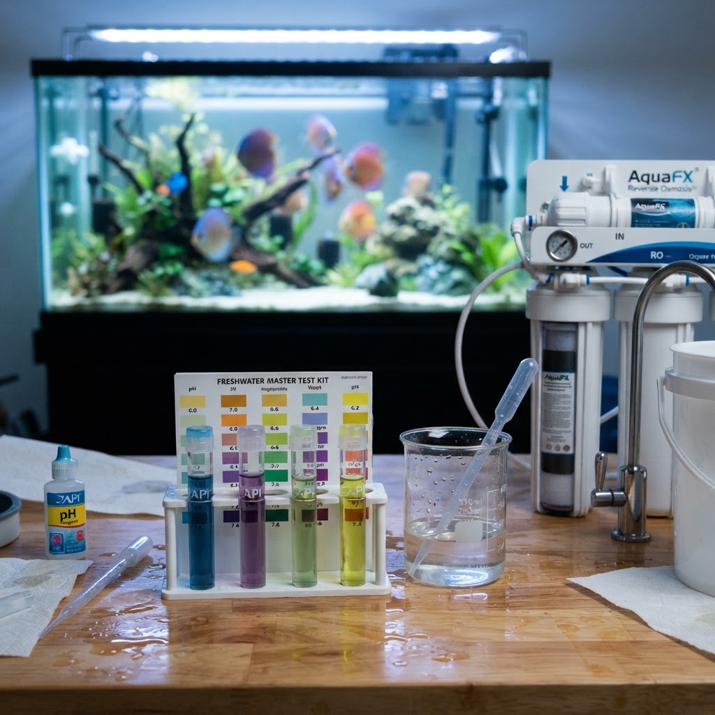 Teste de pH cu eprubete în culori de la albastru la galben, o pipetă și un filtru de osmoză inversă lângă un acvariu cu discuși