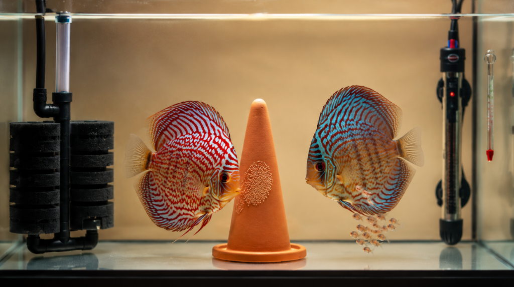 A discus pair on either side of a ceramic cone with laid eggs and newly-hatched fry, in a breeding tank with a sponge filter and heater — the discus breeding process