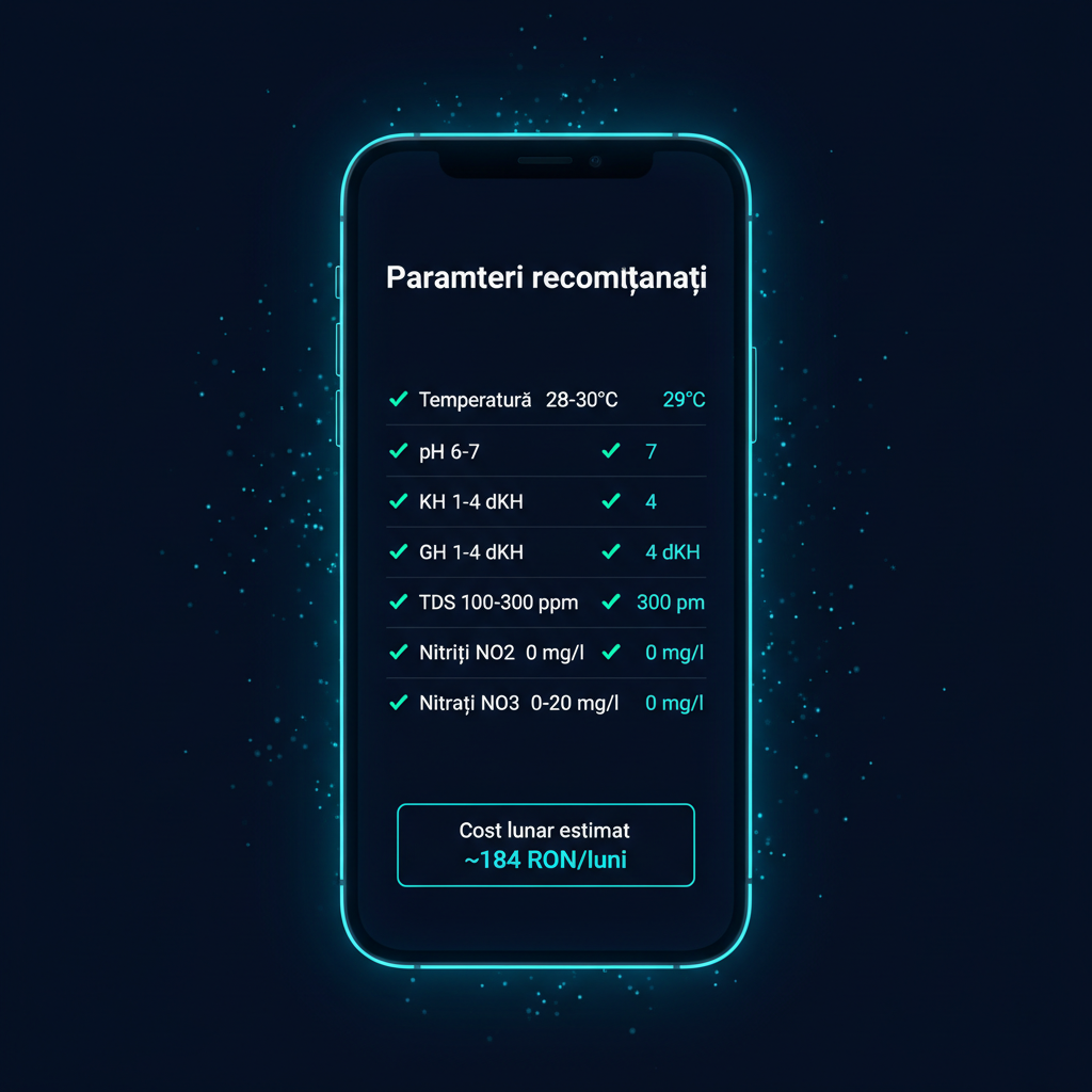 Parametrii apei și cost lunar estimat în aplicația Acvariul meu