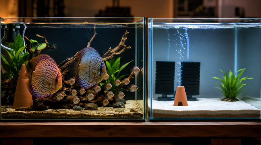 Two side-by-side tanks — on the left the discus pair with the swarm of fry stuck to them next to a spawning cone, on the right the bare-bottom grow-out tank with a sponge filter and an empty cone — the moment of separating discus fry from the parents